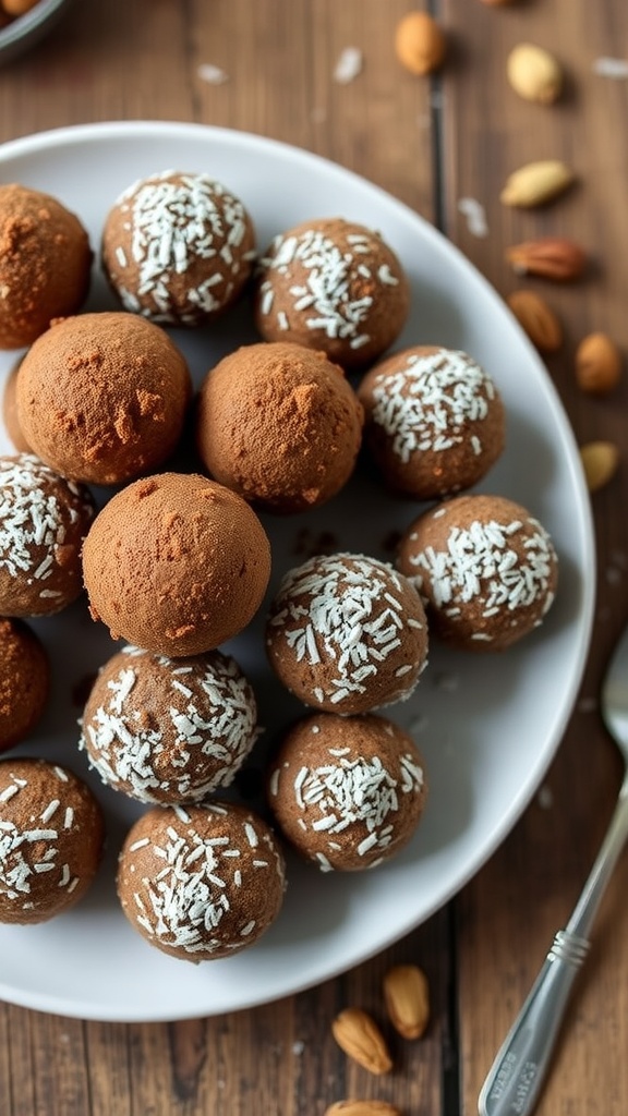 A plate of date and nut energy balls, cocoa dusted and coconut rolled, on a wooden table with scattered nuts.